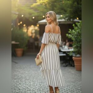 Lily Rose Striped Off Shoulder High Low Dress Ruffle Boho Summer Vacation Large